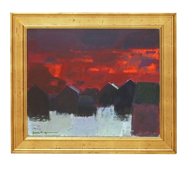 Jack Kampmann, 1914-89, maleri med motiv i form af solnedgang over bygd på 
Færøerne.
Olie på lærred.
Lysmål: 53x64cm. Med ramme: 69x80cm