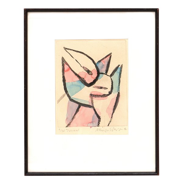 Arne Haugen Sørensen, f. 1932, raderingmed akvarel. Signeret og dateret 1986. Lysmål: 27x20cm. Med ramme: 48x37cm