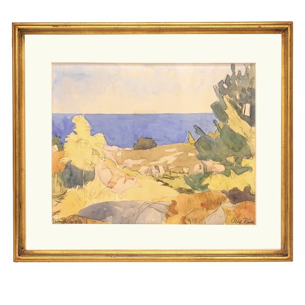Olaf Rude akvarel. Olaf Rude, 1886-1957, akvarel fra Bornholm. Signeret og dateret "Grønnedal 15-7 44". Lysmål: 38x48cm. Med ramme: 57x67cm
