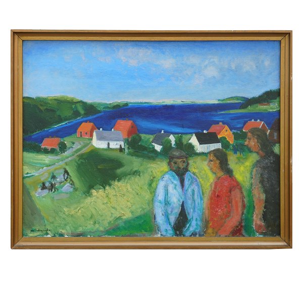 Jens Søndergaard maleri. Jens Søndergaard, 1895-1957, olie på lærred. "Limfjordslandskab med mennesker" signeret og dateret 1937. Lysmål: 93x120cm. Med ramme: 103x130cm