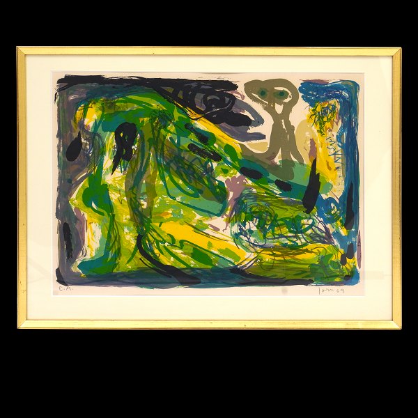 Asger Jorn litografi. Asger Jorn, 1914-73, "Søvngængeren", litografi. 
Kunstnerens eget eksemplar sign Jorn E.A. Lysmål: 40x56cm. Med ramme: 67x51cm