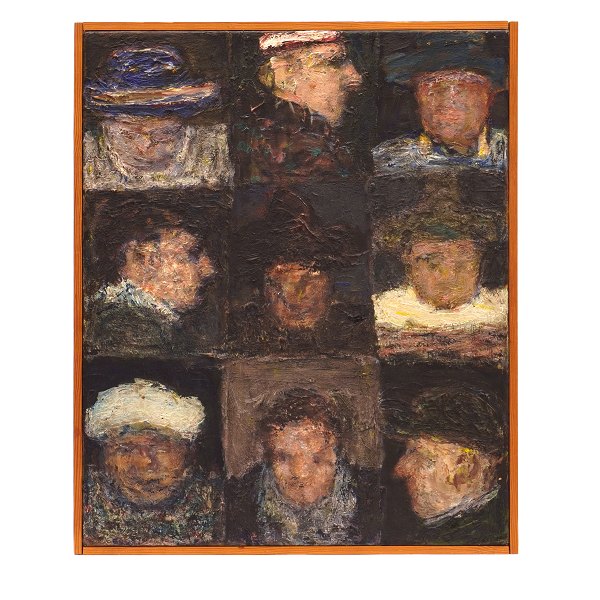 Peter Martensen maleri. Peter Martensen, f. 1953, olie på lærred. Betitlet "9 Klovner". Signeret og dateret 1978. Lysmål: 55x45cm. Med ramme: 57x47cm