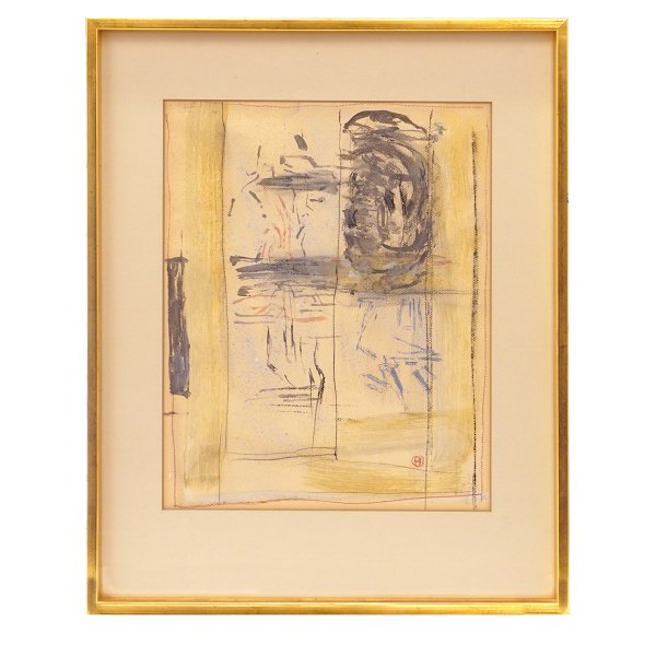 Preben Hornung maleri. Preben Hornung, 1919-89, komposition mixed media. Lysmål: 40x31cm. Med ramme: 57x45,5cm